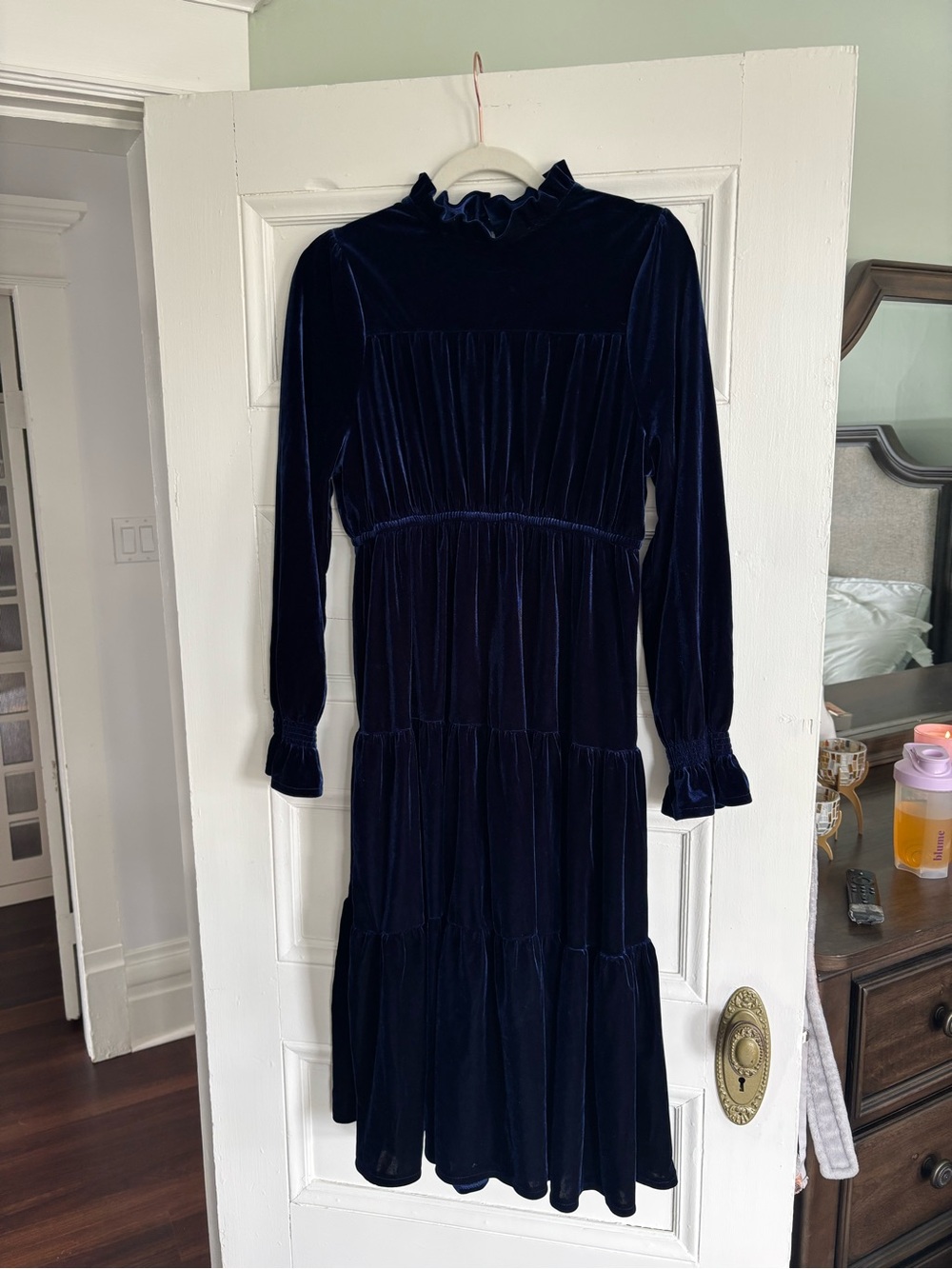 Navy Velvet Long-Sleeve Tiered Midi Dress